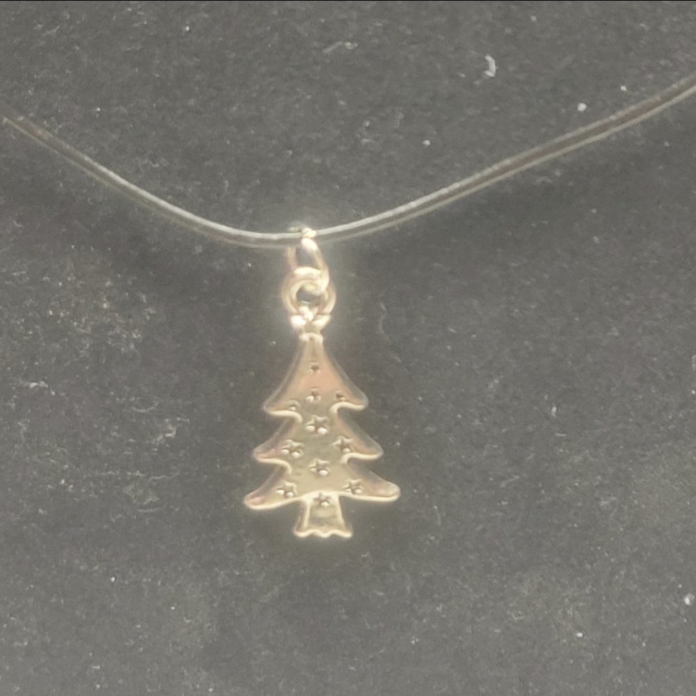 Black Leather and Silver Christmas Tree Charm Necklace
